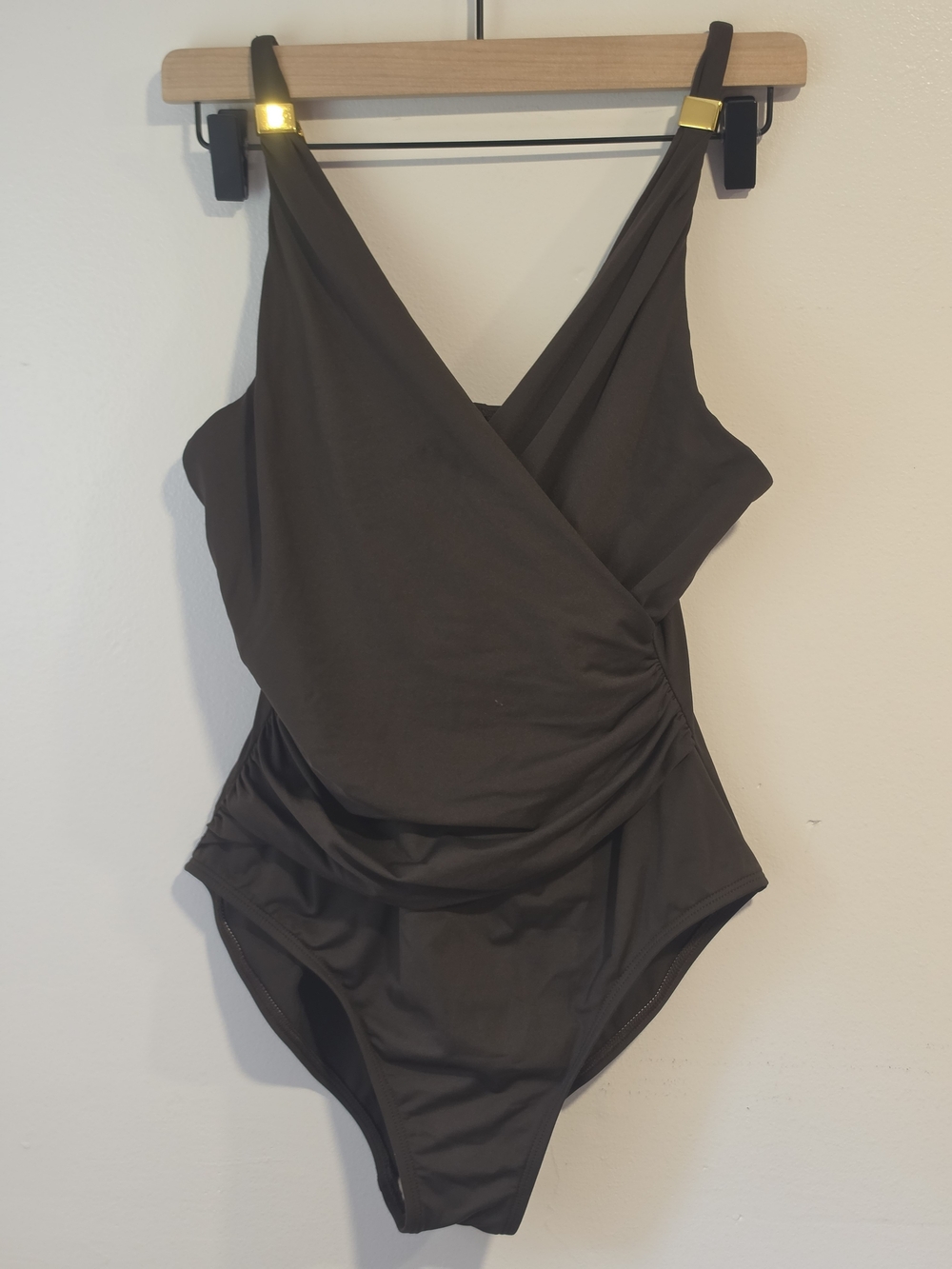 La Blanca By Rod Beattie Chocolate Brown One-Piece Swimsuit Gold Accents Size 12